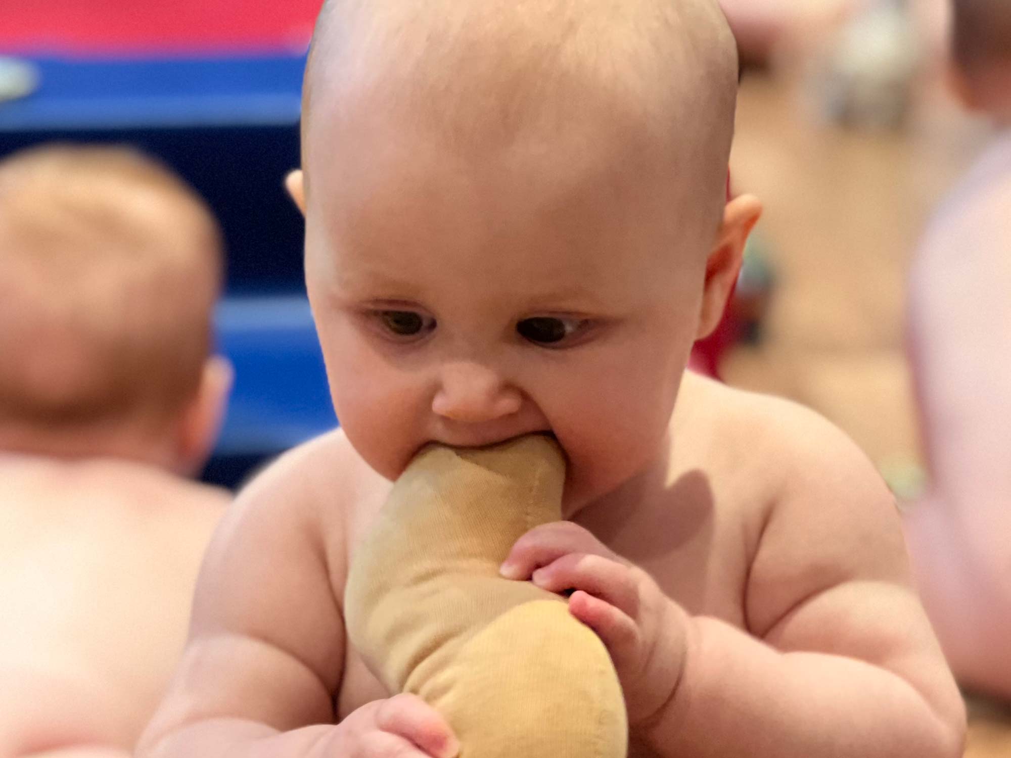 Baby spielt mit Teddy im PerBabyMobile