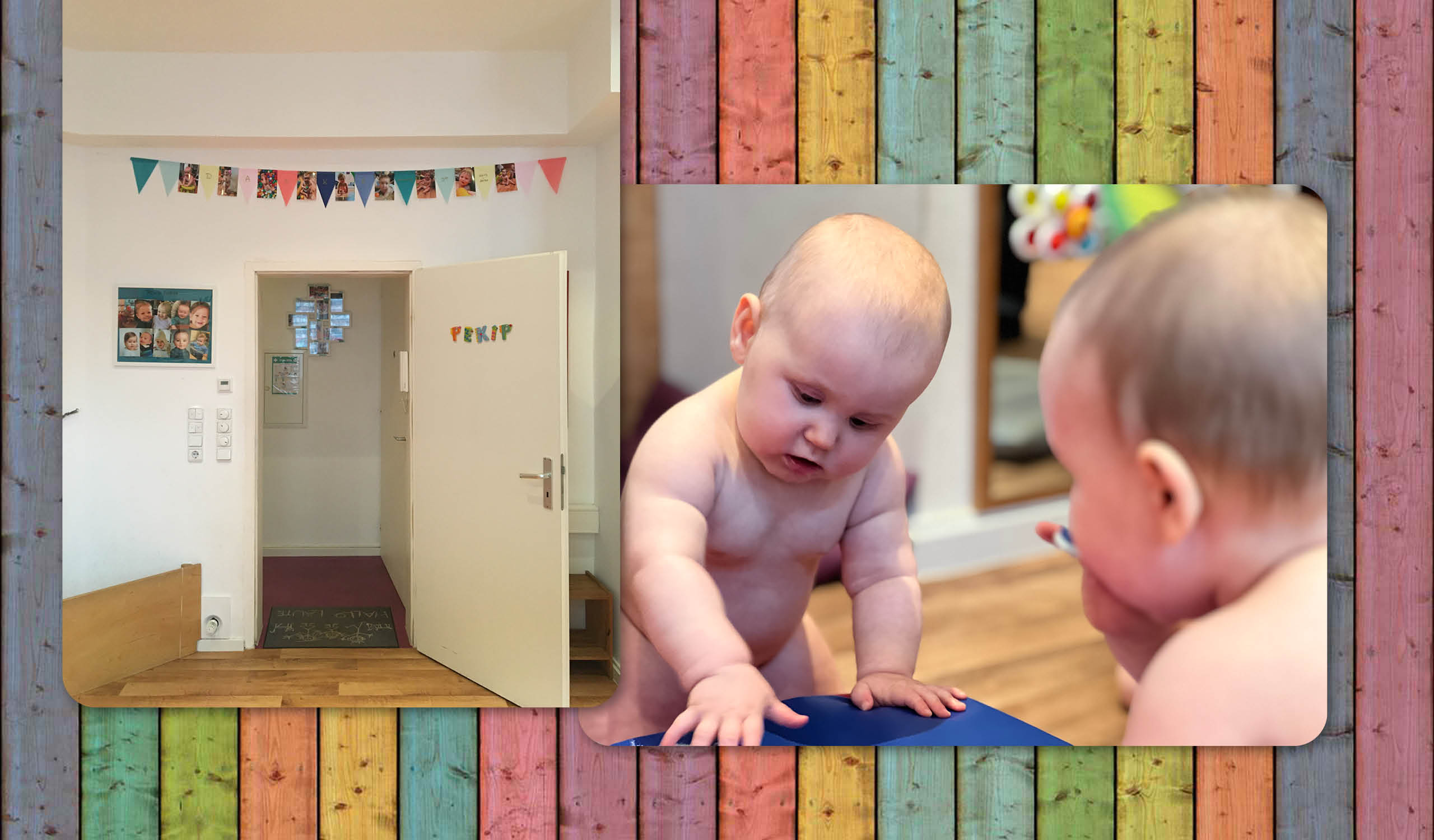 Eine offene Tür und Babys die spielen